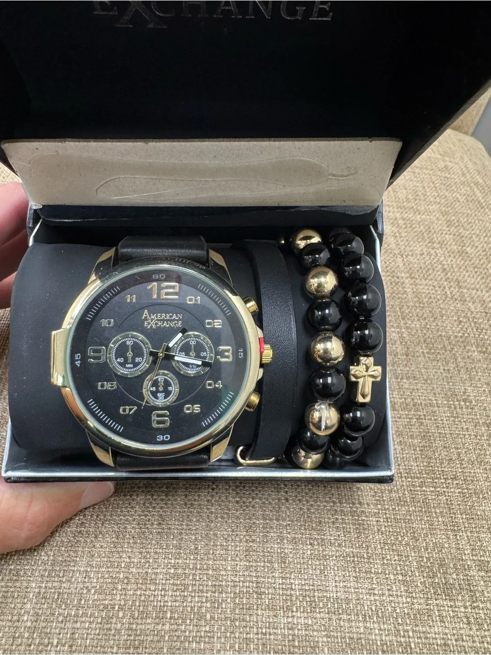 American Exchange Men's Chronograph Analog Watch Gold Tone Black Dial Box